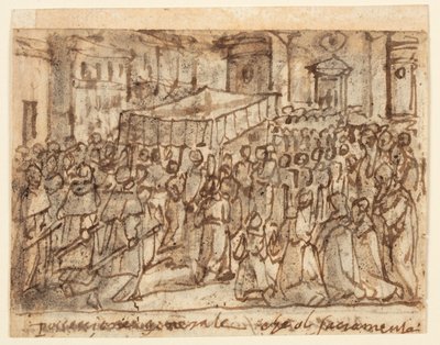 صفحة كراسة الرسم مع موكب مع المضيف والقداس البابوي بواسطة Jan van der Straet, called Stradanus