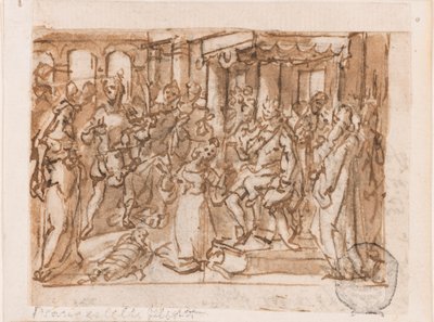 دينونة سليمان ، التصميم الأولي لـ "Spiritus Sapientiae" (روح الحكمة) ، اللوحة 1 في سلسلة المطبوعات "سبع هدايا من الروح القدس" بواسطة Jan van der Straet, called Stradanus
