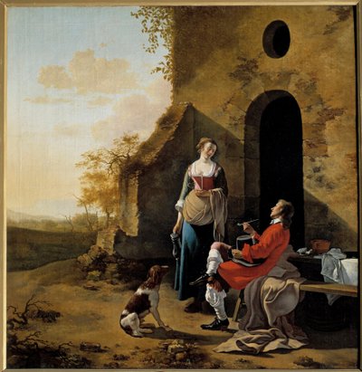 محادثة شجاعة عند مدخل نزل لوحة رسمها جان فان دير مير (1630-1692) بواسطة جان فان دير الأكبر مير