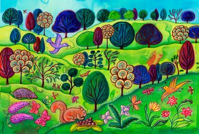 منظر طبيعي للريف مع السنجاب ، 2002 (رسم) بواسطة جين تاترسفيلد