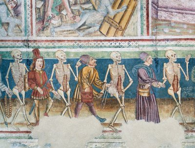 كنيسة Hrastovlje المحصنة ، كنيسة الثالوث ، الموت المصاحب للتاجر والمصرفي الثري ، رقصة الموت (1490) ، تفاصيل من اللوحات الجدارية بواسطة Janez Iz Kastva ، سلوفينيا بواسطة جانيز كاستاف