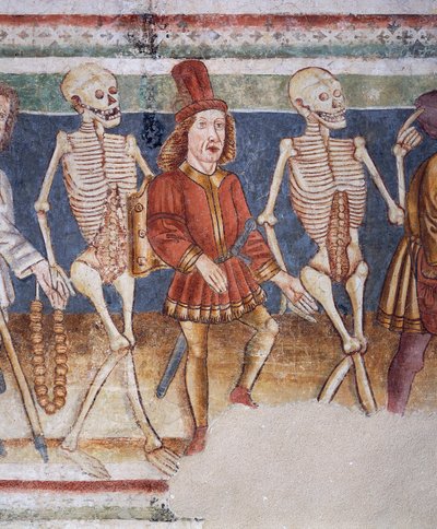 كنيسة Hrastovlje المحصنة ، كنيسة الثالوث ، الموت المصاحب للتاجر والمصرفي الثري ، رقصة الموت (1490) ، تفاصيل من اللوحات الجدارية بواسطة Janez Iz Kastva ، سلوفينيا بواسطة جانيز كاستاف