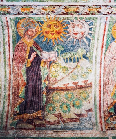 كنيسة Hrastovlje المحصنة ، كنيسة الثالوث ، سفر التكوين ، خلق الله الشمس والقمر والنجوم (1490) ، تفاصيل من اللوحات الجدارية بواسطة Janez Iz Kastva ، سلوفينيا بواسطة جانيز كاستاف