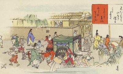 شارع مزدحم في Hei-an ، كيوتو (chromolitho) بواسطة المدرسة اليابانية