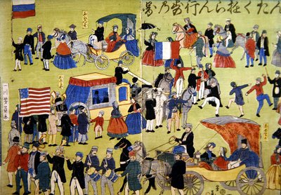 زائرون أمريكيون وهولنديون وفرنسيون يصلون إلى يوكوهاما في اليابان حوالي عام 1860 (نقش خشبي ملون) بواسطة المدرسة اليابانية