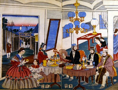 عائلة أمريكية أو أوروبية في اليابان ، حوالي عام 1860 (نقش خشبي ملون) بواسطة المدرسة اليابانية