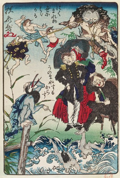كاريكاتير لليابانيين يرتدون الملابس الغربية ، c.1870 (طباعة لوح خشبي ملون) بواسطة المدرسة اليابانية