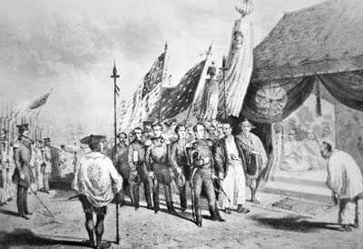 Commodore Perry in Japan in 1853 meeting Imperial Commissioners at Yokohama بواسطة المدرسة اليابانية