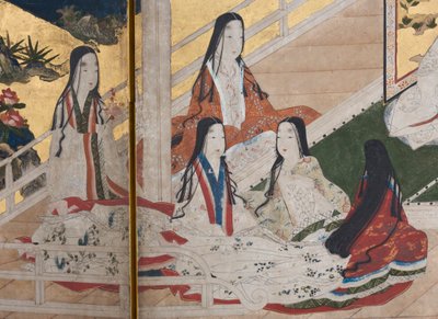 تفاصيل الربيع في القصر ، شاشة سداسية من حكاية جينجي ، c.1650 (حبر ، ألوان وذهب على ورق) بواسطة المدرسة اليابانية