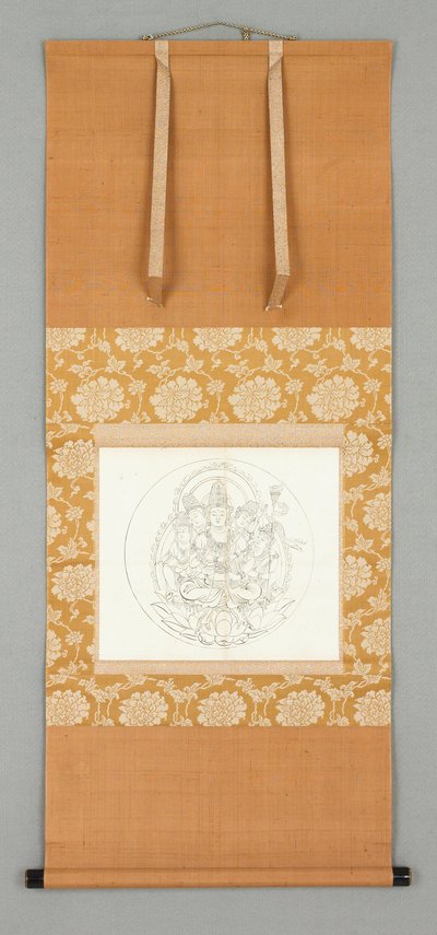 الرسم فاجراساتفا (ممثل جميع
بوذا) وأربعة بوديساتفاس,
القرن الثالث عشر وأوائل القرن الرابع عشر (لفيفة معلقة: حبر على ورق) بواسطة المدرسة اليابانية