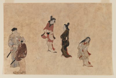 لوحة Ukiyo-e المبكرة (حبر ، لون وذهب على ورق) بواسطة المدرسة اليابانية