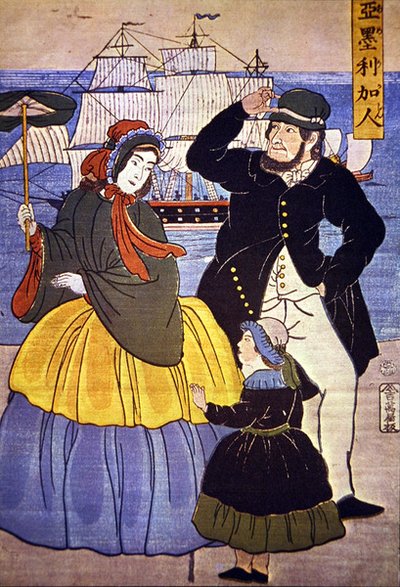 عائلة أوروبية في واجهة مرفأ يوكوهاما رسمها فنان ياباني عام 1861 بواسطة المدرسة اليابانية