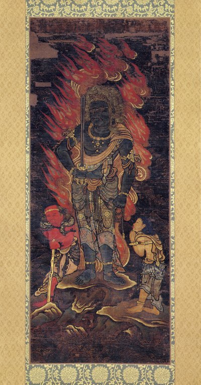 Fudo Myoo واثنين من الحضور (الحبر واللون على الحرير) بواسطة المدرسة اليابانية