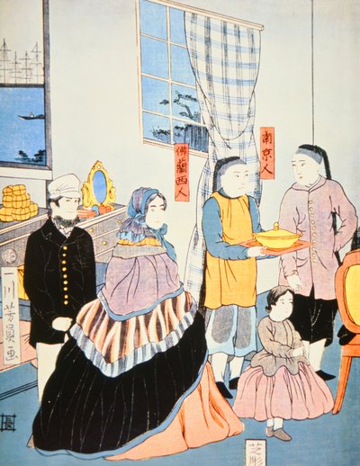 Japanese print c.1870 showing European visitors to Japan (colour woodblock print) بواسطة المدرسة اليابانية