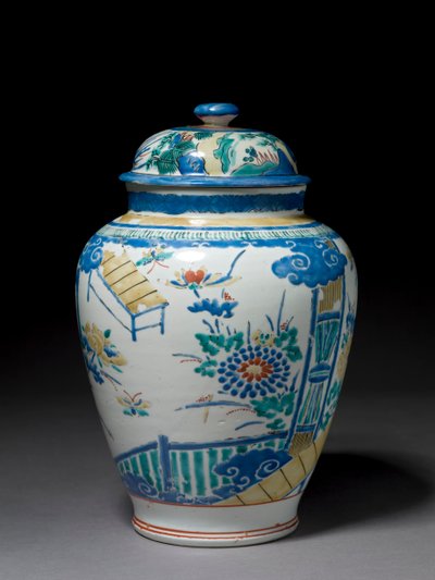 مرطبان مع غطاء مصاحب ، c.1660-80 (بورسلان مع طلاء زجاجي بالمينا) بواسطة المدرسة اليابانية