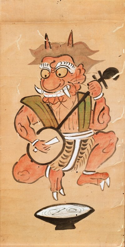 Kakemono يصور شيطانًا يلعب الشامسين (حبر ولون على لفافة ورق) بواسطة المدرسة اليابانية