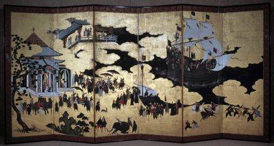شاشة "برتغالية" تمثل وصول المبشرين البرتغاليين اليسوعيين إلى اليابان في القرن السادس عشر. 1590-1614. مدرسة كانو (؟) لشبونة. المتحف الوطني للفنون القديمة بواسطة المدرسة اليابانية
