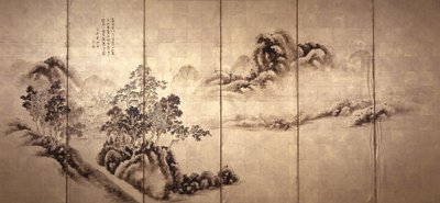 Recto: منظر طبيعي بعد Mi Fei ، حوالي عام 1810 (حبر على ورقة ذهبية) بواسطة المدرسة اليابانية