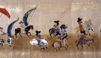 السفارة الكورية السادسة في اليابان في ميريكي 1 في وقت خلافة توكوغاوا ليتسونا في عام 1651 ، ربما بواسطة كانو ماسونوبو (1625-1694) (لوحة التمرير) (التفاصيل) بواسطة المدرسة اليابانية