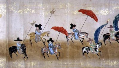 السفارة الكورية السادسة في اليابان في ميريكي 1 في وقت خلافة توكوغاوا ليتسونا في عام 1651 ، ربما بواسطة كانو ماسونوبو (1625-1694) (لوحة التمرير) (التفاصيل) بواسطة المدرسة اليابانية