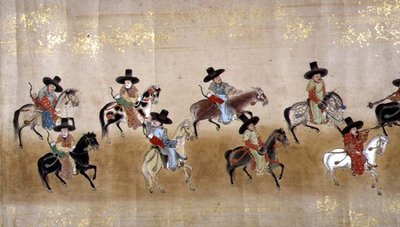 السفارة الكورية السادسة في اليابان في ميريكي 1 في وقت خلافة توكوغاوا ليتسونا في عام 1651 ، ربما بواسطة كانو ماسونوبو (1625-1694) (لوحة التمرير) بواسطة المدرسة اليابانية