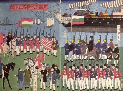 وصول سرب العميد البحري بيري إلى ميناء ياباني عام 1853 (طبعة خشبية ملونة) بواسطة المدرسة اليابانية