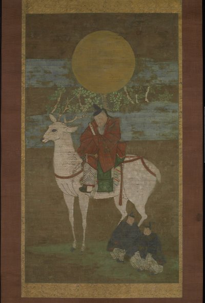 المغادرة من كاشيما (إله الكاسوغا خارجًا) ، أواخر القرن الرابع عشر (لفيفة معلقة: حبر ولون وذهب على الحرير) بواسطة المدرسة اليابانية