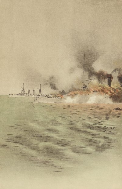 أضرمت مجموعة Varyag النار من قبل طاقمها لمنع الأسر في Chemulpo (chromolitho) بواسطة المدرسة اليابانية