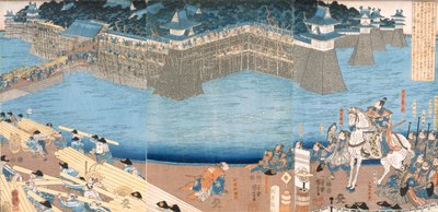 لوحة ثلاثية تُظهر حصنًا بناه نهر كونيغوس ، فترة إيدو 1603-1868. بواسطة المدرسة اليابانية