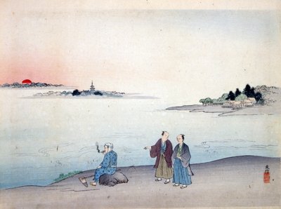 رجلان يمشيان بجانب بحيرة ، ج. 1870 بواسطة المدرسة اليابانية