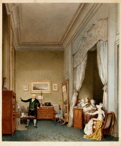 الإمبراطورة ماري لويز إمبراطورة هابسبورغ لورين، إمبراطورة فرنسا في غرفة نومها بعد ولادة ملك روما في عام 1813 (نقش) بواسطة جان بابتيست (بعد) إيزابي