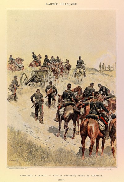 أنواع وأزياء الجيش الفرنسي للكابتن جول ريتشارد ، التي رسمها إدوارد ديتايل (1848-1912): مدفعية على ظهور الخيل ؛ بطاريات ثوب ميداني عام 1887 من مجموعة خاصة بواسطة جان بابتيست إدوارد التفاصيل