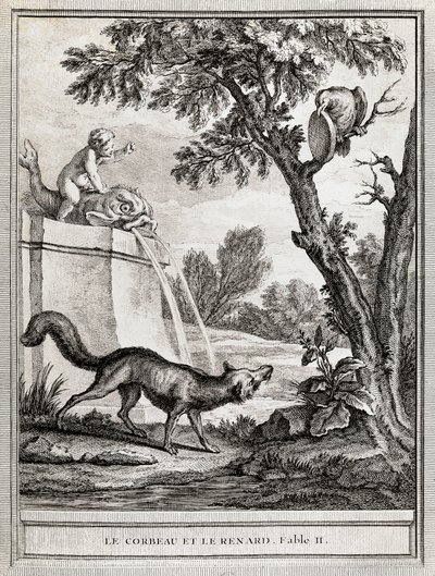 الغراب والثعلب ، رسم توضيحي لجين بابتيست أودري (1686-1755) للحكاية التي كتبها جان دي لافونتين (1621-1695) بواسطة جان بابتيست أودري