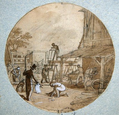 ورشة النجار ، تصميم لوحة لخدمة تصور مهن مختلفة ، حوالي 1820-1835 (قلم حبر وحبر وغسل وغواش على ورق) بواسطة جان تشارلز Develly