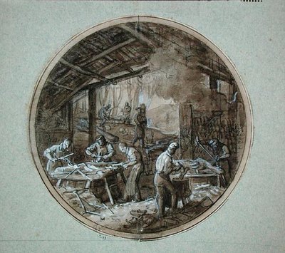 ورشة عمل Clog-Makers ، تصميم لوحة لخدمة تصور مهن مختلفة ، حوالي 1820 - 35 (قلم حبر وحبر وغسل وغواش على ورق) بواسطة جان تشارلز Develly