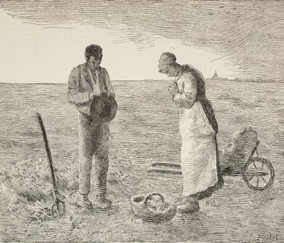 Angelus، زوجان من المزارعين في الحقول، نقش من لوحة لجان فرانسوا ميليت (1814-1875)، رسام فرنسي، من L'Illustrazione Italiana، السنة 16، العدد 32، 11 أغسطس بواسطة جان فرانسوا ميلت