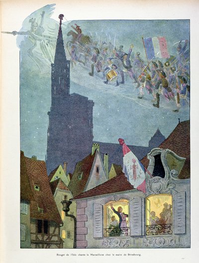 كلود جوزيف روجيت دي ليسلي (1760-1836) يغني مارسيليز في منزل ديتريش ، عمدة ستراسبورغ ، 26 أبريل 1792 ، رسم توضيحي من "تاريخ الألزاس" للفنان ، حوالي عام 1915 (ليثو ملون) بواسطة جان جاك والتز