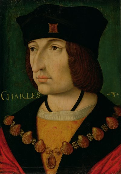 بورتريه لشارل الثامن (1470-1478) ملك فرنسا (زيت على لوحة) (انظر أيضاً 191337) بواسطة جان (attr.to) بورديشون