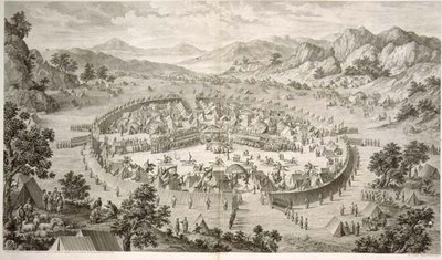 يحتل Tchao-Hoei قواته بتمارين وألعاب عسكرية في 1758 ، اللوحة 5 من سلسلة من المطبوعات التي تمثل فتوحات Qianlong ، إمبراطور الصين ، نقشها بيير فيليب شوفارد (1730-1809) 1772 (نقش) بواسطة جان (ت 1781) (بعد) دمشقي