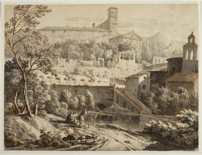 فنان رسم على طول ضفة النهر ، أسفل بلدة إيطالية ، c.1780 (حبر وغسل على ورق مضغوط ، آثار طباشير سوداء) بواسطة جان أنطوان كونستانتين