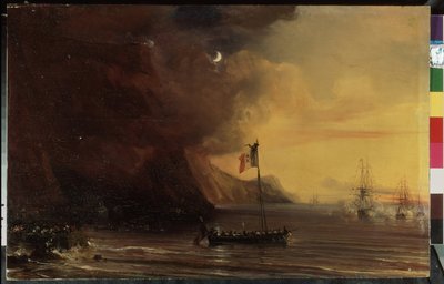 "" إعادة جثة نابليون الأول إلى فرنسا من جزيرة سانت هيلين (سانت هيلين) في ديسمبر 1840 على متن لا بيل بول "" (نقل مع جثة نابليون في طريقه من جزيرة سانت هيلينا إلى فرنسا عام 1840) رسم لثيود بواسطة جان أنطوان ثيودور جودين