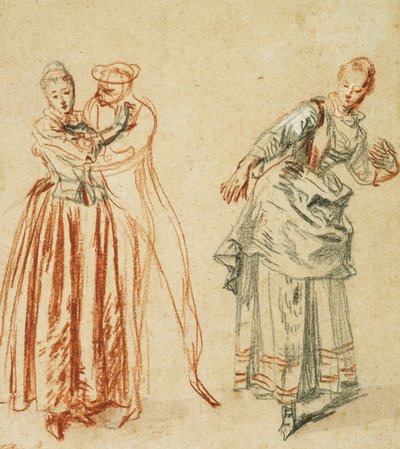 مشهد من Commedia dell "arte: فتاة تقاوم تقدم الممثل الكوميدي ، وممثلة تنفذ خطوة ، ج .1718 بواسطة جان أنطوان واتو