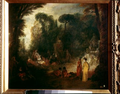 حفلة في نزهة في الحديقة ، ومحادثة وتمشية في الغابة. رسم جان أنطوان واتو (1684-1721) ، حوالي 1712-1713. زيت على قماش. قاتمة: 48x55 سم. مدريد ، متحف برادو بواسطة جان أنطوان واتو
