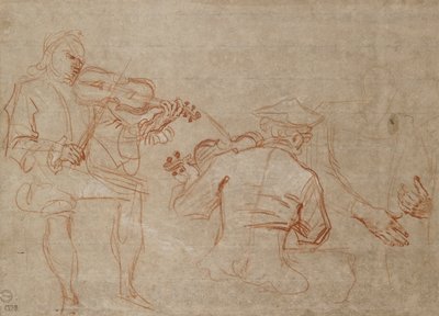 دراسة لعازفي كمان وزوج من الأيدي ممسكة بذراع على اليمين حوالي عام 1716 بواسطة جان أنطوان واتو