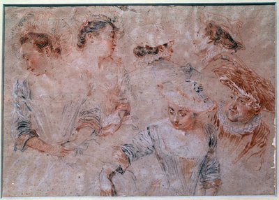 دراسة شخصيات شابة. تفصيل رقبة النساء وكذلك الرجال المصاحبة للنساء. رسم قلم رصاص أنجزه جان أنطوان واتو (1684-1721) القرن الثامن عشر في باريس ، متحف اللوفر بواسطة جان أنطوان واتو