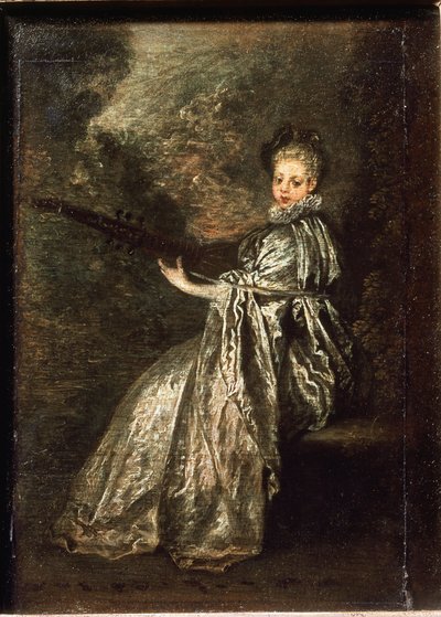 The finette girl playing a string musical instrument - oil on canvas بواسطة جان أنطوان واتو