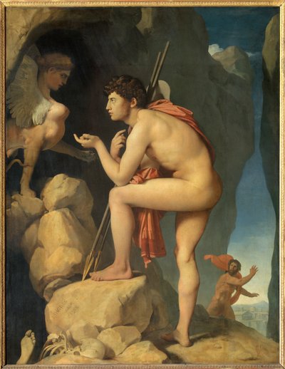 أوديب يشرح لغز لوحة أبو الهول التي رسمها جان أوغست دومينيك إنجرس (1780-1867) 1808 صن. 1،89 × 1،44 م - أوديب يشرح لغز أبو الهول. لوحة دومينيك إنجرس (1780-1867) بواسطة جان أوغست دومينيك إنجرس