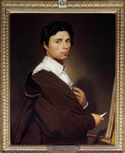 بورتريه ذاتي لمدة 24 عاما من قبل جان أوغست دومينيك إنجرس (1780-1867) 1804 صن. 0،77 × 0،61 م شانتيلي ، متحف كوندي - صورة شخصية في سن 24. رسم جان أوغست دومينيك إنجرس (1780-1867) 1804. 0.77 × 0.61 م. متحف كوندي ، شانتيلي ، فرانك بواسطة جان أوغست دومينيك إنجرس