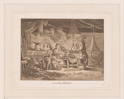 داخل حظيرة بها شخصان على مقعد ورجل بجوار نار La Lampe Polonoise (العنوان على الكائن) بواسطة جان بابتيست لبرينس