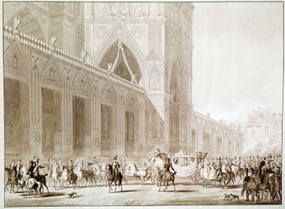 The arrival in carriage of Emperor Napoleon I (1769-1821) and Impress Josephine de Beauharnais (1763-1814) at the Cathedrale Notre Dame de Paris on the Day of the Sacred Print after “The Book of the Sacred” by Jean Baptiste Isabey (1767-1855) 19th century  بواسطة جان بابتيست (بعد) إيزابي